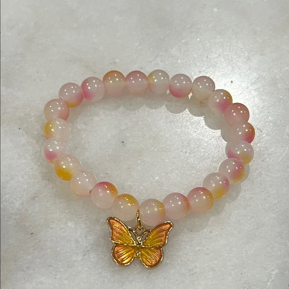 Elegant Pink and Yellow Beaded Bracelet with Butterfly Charm